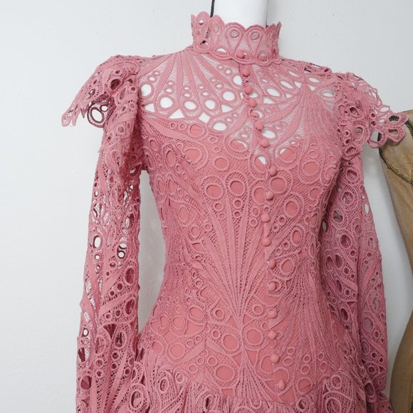 L'ATISTE Dusty Rose Pink Lace Eyelet Ruffle MockNeck Victorian French Boho Dress - Picture 6 of 16